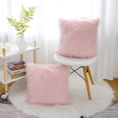 Set of 2 Pink Fluffy Pillow Covers New Luxury Series Merino Style Blush Faux Fur Decorative Throw Pillow Covers Fuzzy Cushion Case 18X18 Inch, Gift for Mom