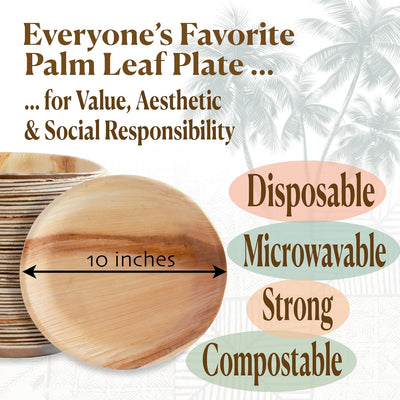 Disposable Palm Leaf Plates - 50 Pack - 10 Inch round - Compostable & Biodegradable - Heavy Duty, Eco-Friendly, Microwave Safe - like Bamboo Plates - Perfect for Events & Parties