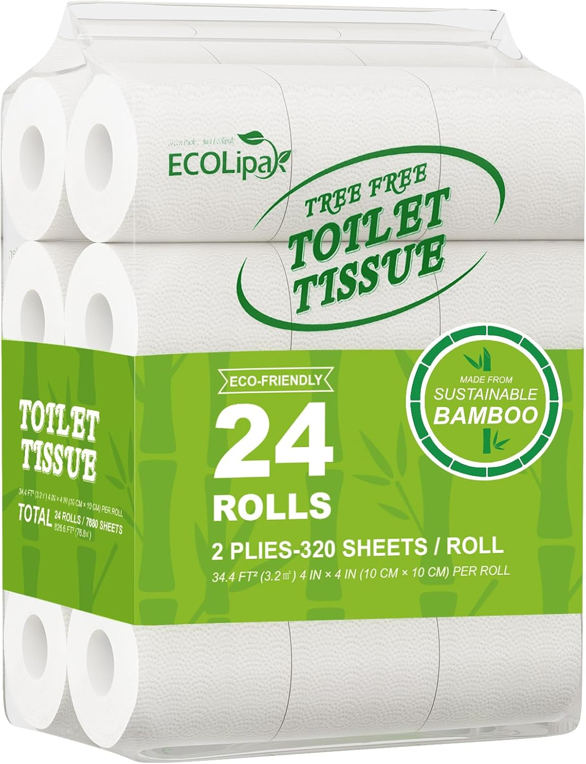 Bamboo Toilet Paper, Septic Safe Toilet Tissue, 24 Double Rolls, 320 Sheets per Roll, Tree Free, Non Toxic, 2 Ply, Soft and Absorbent, Eco Friendly Dye-Free Paper