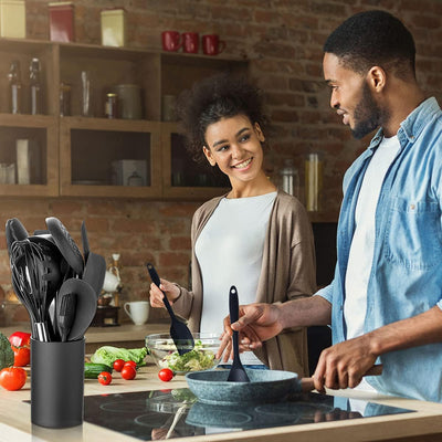 Silicone Cooking Utensils Set， Seamless 10 Pcs Series Black Kitchen Untensils Set without Holder Heat Resistant BPA Free, Silicon Spatula Kitchen Utensils