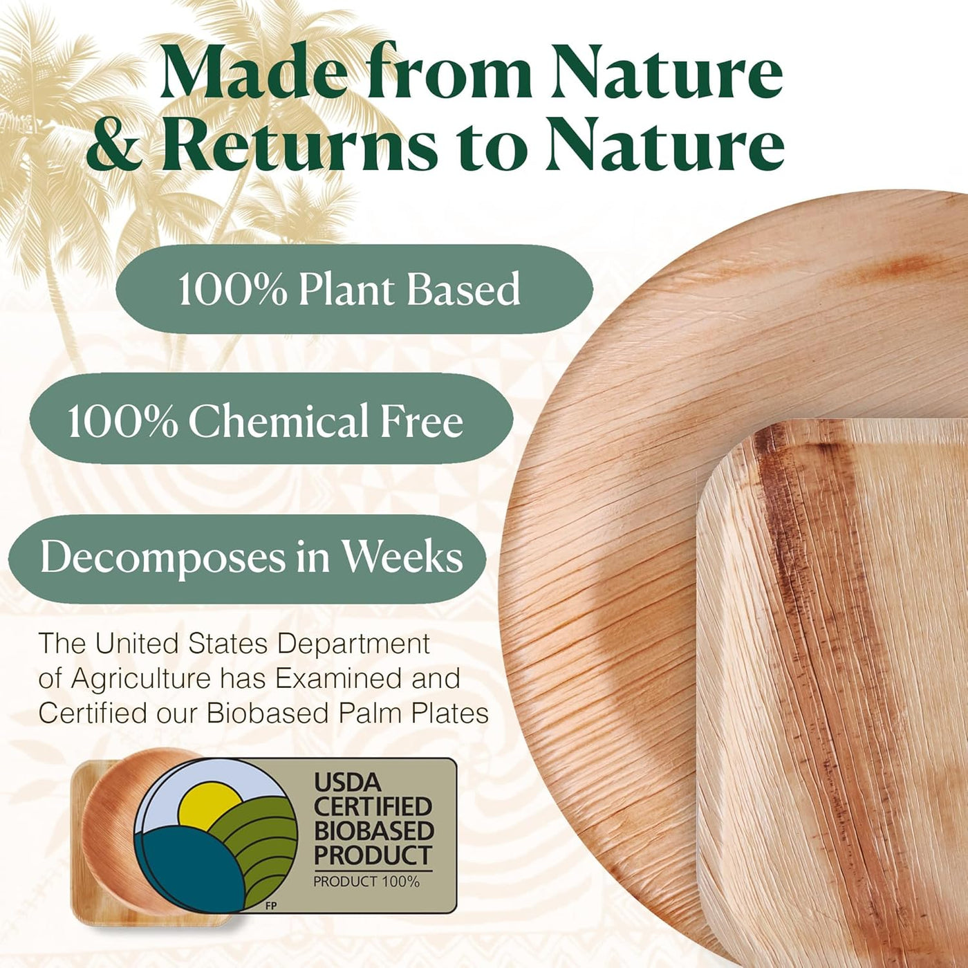Disposable Palm Leaf Plates - 50 Pack - 10 Inch round - Compostable & Biodegradable - Heavy Duty, Eco-Friendly, Microwave Safe - like Bamboo Plates - Perfect for Events & Parties