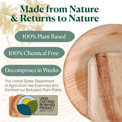 Disposable Palm Leaf Plates - 50 Pack - 10 Inch round - Compostable & Biodegradable - Heavy Duty, Eco-Friendly, Microwave Safe - like Bamboo Plates - Perfect for Events & Parties