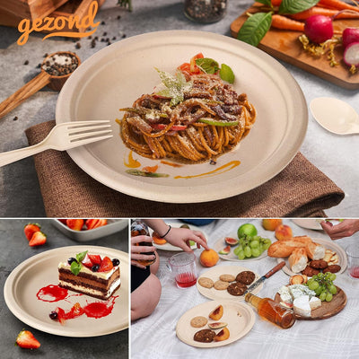 250-Piece Eco-Friendly Disposable Dinnerware Set, Includes 50 Biodegradable Sugarcane Plates, Forks, Knives, and Spoons for Birthday Parties and Camping