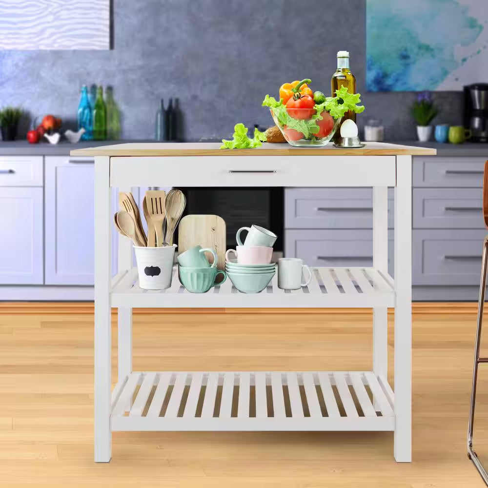 Natural White Solid Wood Counter Top 40 In. Kitchen Island Bar Station with Drawer and Shelves
