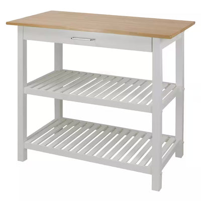 Natural White Solid Wood Counter Top 40 In. Kitchen Island Bar Station with Drawer and Shelves
