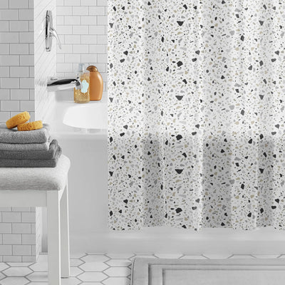 Eco-Friendly Terrazzo Waterproof Recycled PEVA Shower Curtain Set and Hooks, Black, White