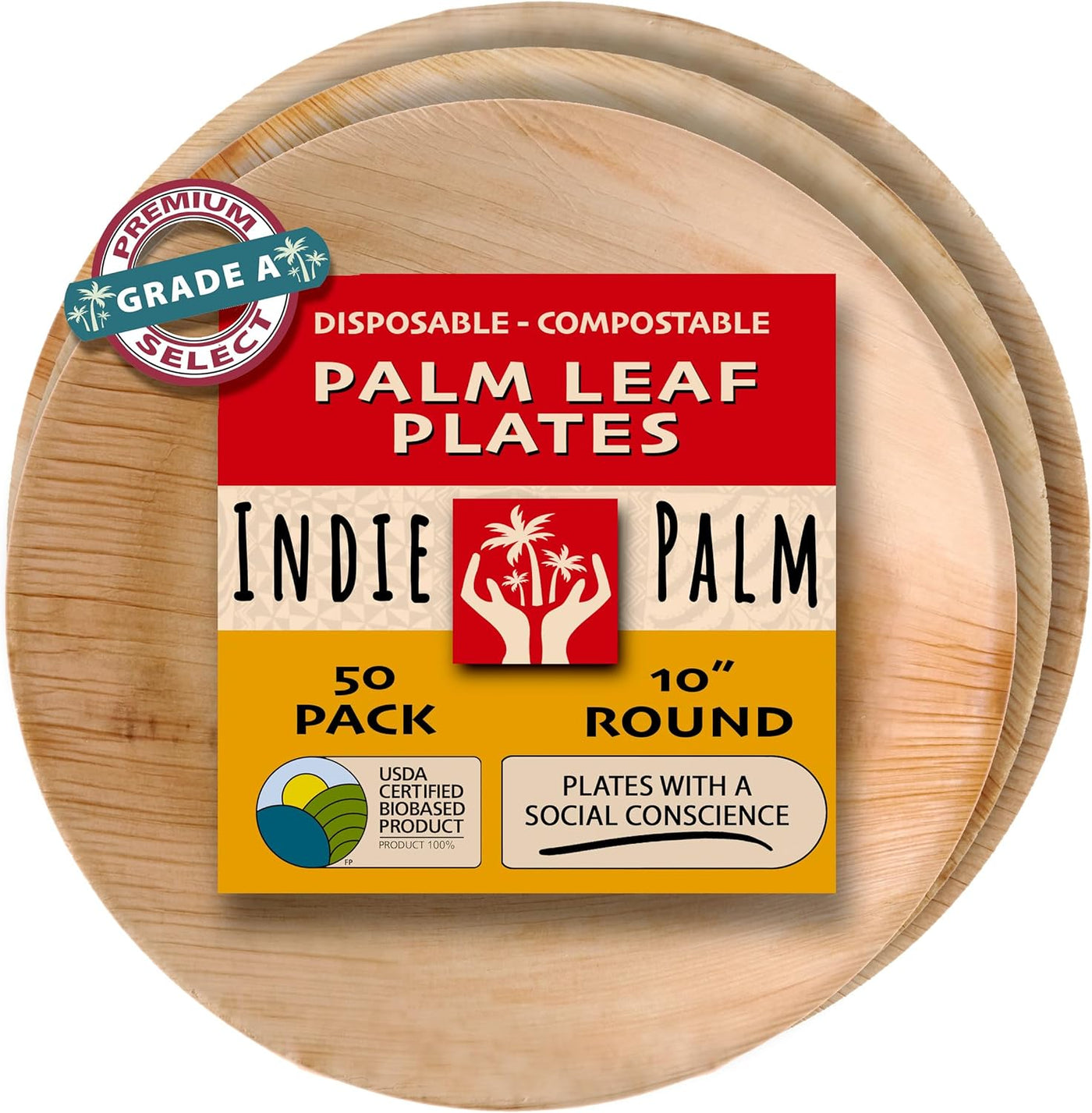 Disposable Palm Leaf Plates - 50 Pack - 10 Inch round - Compostable & Biodegradable - Heavy Duty, Eco-Friendly, Microwave Safe - like Bamboo Plates - Perfect for Events & Parties
