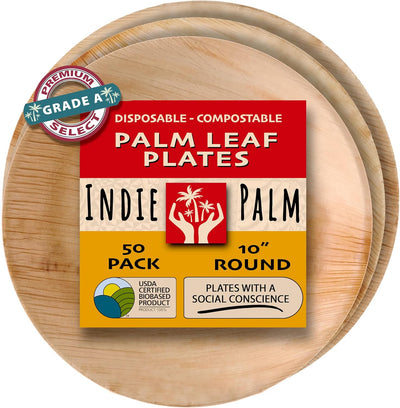 Disposable Palm Leaf Plates - 50 Pack - 10 Inch round - Compostable & Biodegradable - Heavy Duty, Eco-Friendly, Microwave Safe - like Bamboo Plates - Perfect for Events & Parties