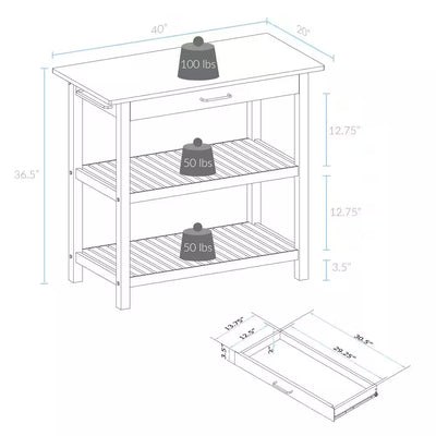 Natural White Solid Wood Counter Top 40 In. Kitchen Island Bar Station with Drawer and Shelves