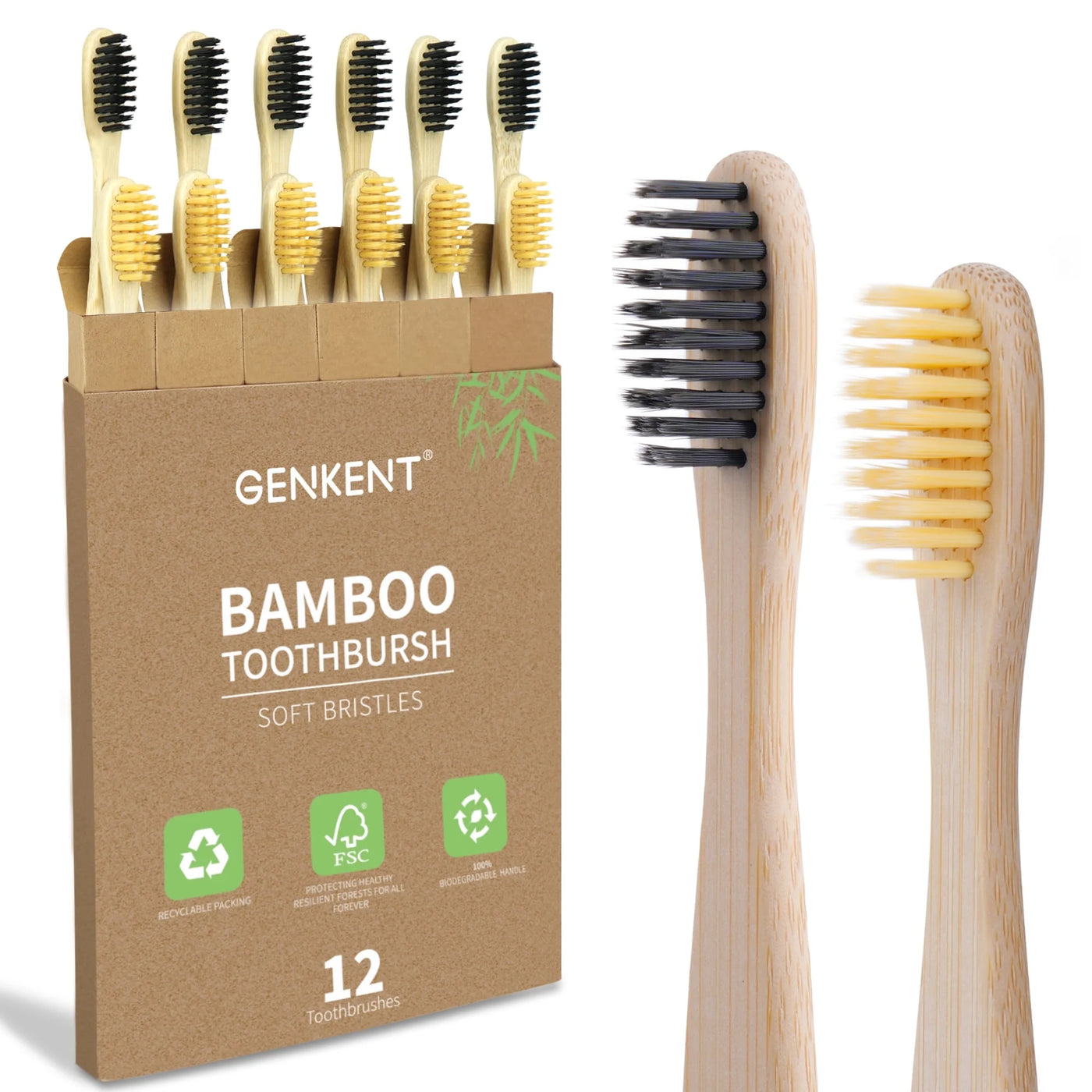 Bamboo Toothbrushes, 12 Pack BPA Free Soft Bristles Toothbrushes with Individually Wrapped, Eco-Friendly, Natural, Compostable Wooden Toothbrushes
