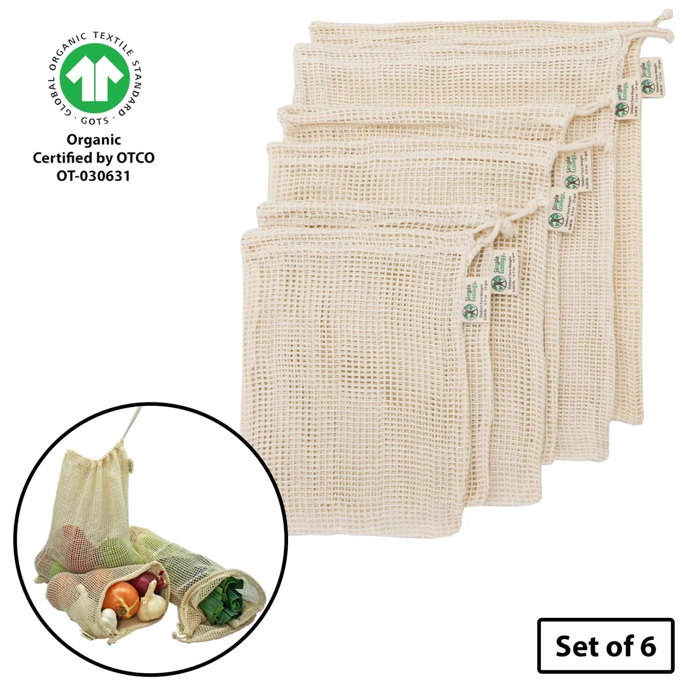 Reusable Eco Bags, Organic Cotton Mesh, Set of 6-Piece, Natural