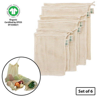 Reusable Eco Bags, Organic Cotton Mesh, Set of 6-Piece, Natural