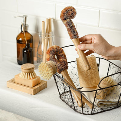 ® 6 Piece Natural Dish Brushes for Washing up • Eco Dish Brush Kitchen Cleaning Set • Plant Based Coconut Scrubbers • Bottle/Pot Brush & Eco Friendly Scourer Sponge for Pans & Dishes