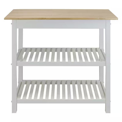 Natural White Solid Wood Counter Top 40 In. Kitchen Island Bar Station with Drawer and Shelves