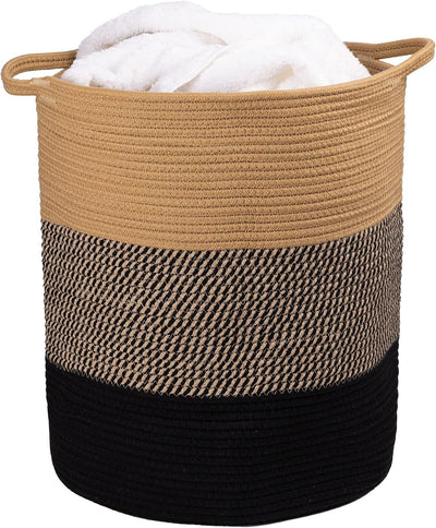 Cotton Rope Laundry Basket, 16.2X14.2 Inch, Woven Basket, Large Basket, Decorative Farmhouse Clothes Storage, Cotton Rope Organizer for Blanket Toys Towels Baby Nursery Hamper Bin with Handle