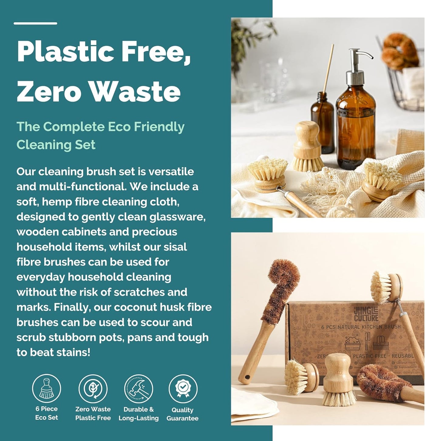 ® 6 Piece Natural Dish Brushes for Washing up • Eco Dish Brush Kitchen Cleaning Set • Plant Based Coconut Scrubbers • Bottle/Pot Brush & Eco Friendly Scourer Sponge for Pans & Dishes