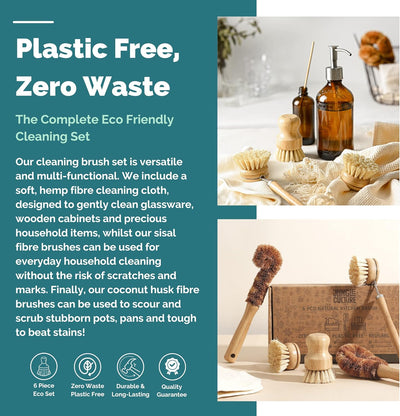 ® 6 Piece Natural Dish Brushes for Washing up • Eco Dish Brush Kitchen Cleaning Set • Plant Based Coconut Scrubbers • Bottle/Pot Brush & Eco Friendly Scourer Sponge for Pans & Dishes
