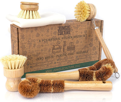 ® 6 Piece Natural Dish Brushes for Washing up • Eco Dish Brush Kitchen Cleaning Set • Plant Based Coconut Scrubbers • Bottle/Pot Brush & Eco Friendly Scourer Sponge for Pans & Dishes