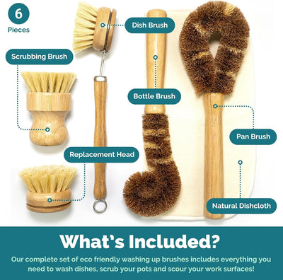 ® 6 Piece Natural Dish Brushes for Washing up • Eco Dish Brush Kitchen Cleaning Set • Plant Based Coconut Scrubbers • Bottle/Pot Brush & Eco Friendly Scourer Sponge for Pans & Dishes