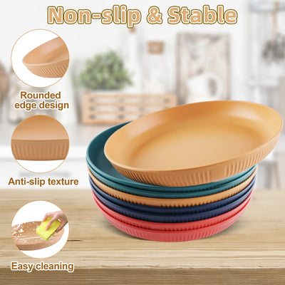 Wheat Straw Plates, 8 Pcs 9 Inch Lightweight Unbreakable Reusable Deep Dinner Plates for Microwave and Dishwasher Safe, Large Plates Set with 4 Colors for Kitchen and Outdoor Picnic