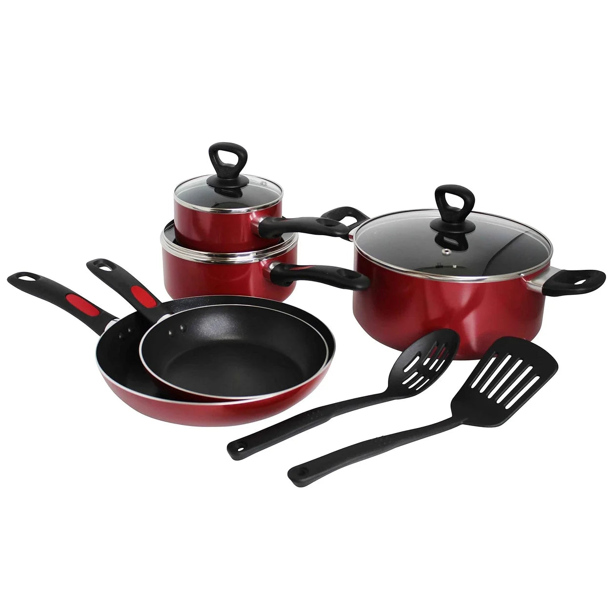 Get a Grip 10-Pc Non-Stick Cookware Set Red Durable Kitchen Essentials
