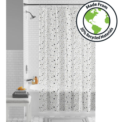 Eco-Friendly Terrazzo Waterproof Recycled PEVA Shower Curtain Set and Hooks, Black, White