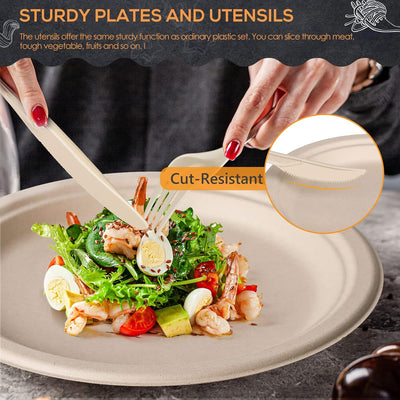 250-Piece Eco-Friendly Disposable Dinnerware Set, Includes 50 Biodegradable Sugarcane Plates, Forks, Knives, and Spoons for Birthday Parties and Camping