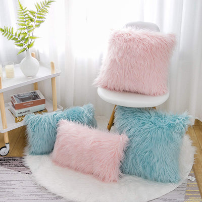 Set of 2 Pink Fluffy Pillow Covers New Luxury Series Merino Style Blush Faux Fur Decorative Throw Pillow Covers Fuzzy Cushion Case 18X18 Inch, Gift for Mom