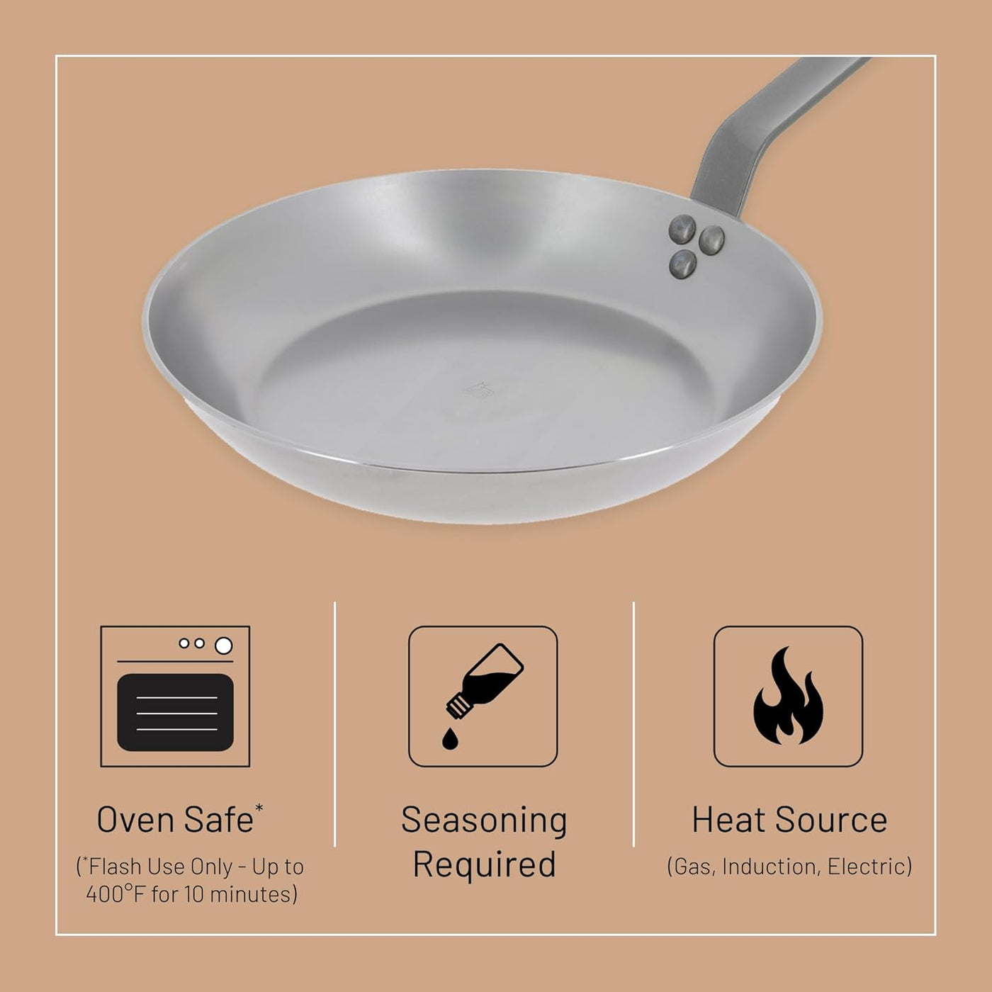 MINERAL B Carbon Steel Fry Pan - 10.25” Diameter, 7.3” Cooking Surface - Ideal for Searing, Sauteing & Reheating - PFAS, PFOA & PFOS Free - Made in France