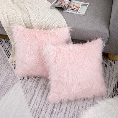 Set of 2 Pink Fluffy Pillow Covers New Luxury Series Merino Style Blush Faux Fur Decorative Throw Pillow Covers Fuzzy Cushion Case 18X18 Inch, Gift for Mom