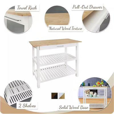 Natural White Solid Wood Counter Top 40 In. Kitchen Island Bar Station with Drawer and Shelves