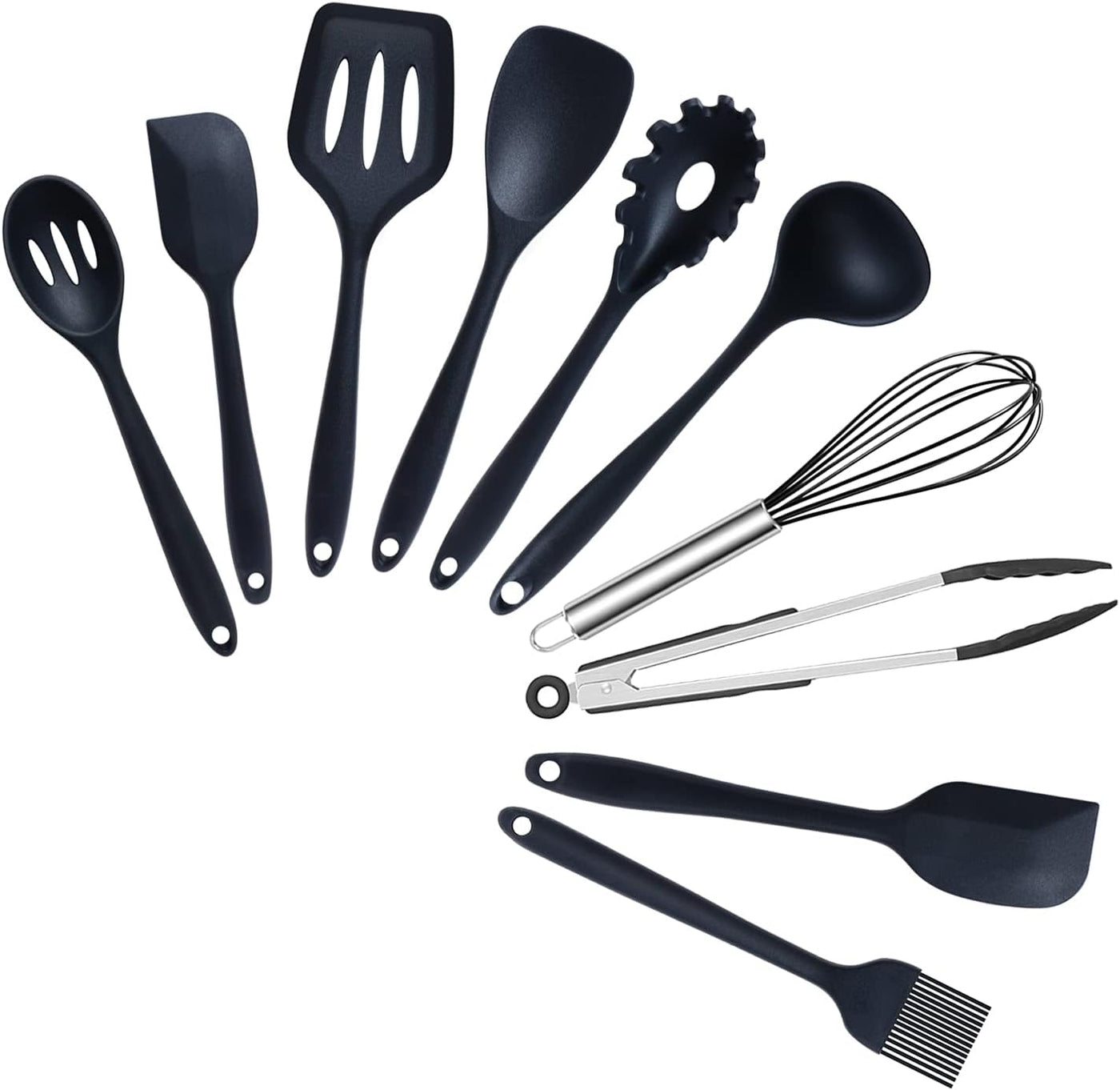 Silicone Cooking Utensils Set， Seamless 10 Pcs Series Black Kitchen Untensils Set without Holder Heat Resistant BPA Free, Silicon Spatula Kitchen Utensils