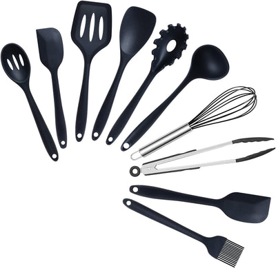 Silicone Cooking Utensils Set， Seamless 10 Pcs Series Black Kitchen Untensils Set without Holder Heat Resistant BPA Free, Silicon Spatula Kitchen Utensils