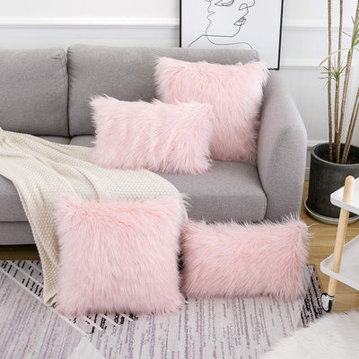 Set of 2 Pink Fluffy Pillow Covers New Luxury Series Merino Style Blush Faux Fur Decorative Throw Pillow Covers Fuzzy Cushion Case 18X18 Inch, Gift for Mom