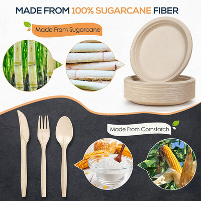 250-Piece Eco-Friendly Disposable Dinnerware Set, Includes 50 Biodegradable Sugarcane Plates, Forks, Knives, and Spoons for Birthday Parties and Camping