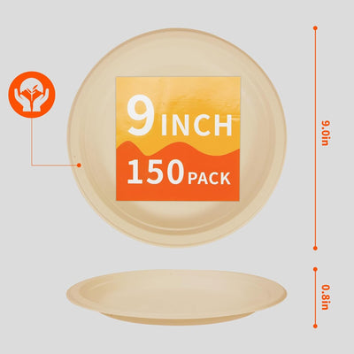 Compostable Paper Plates 9 Inch 150 Pack- 100% Biodegradable, Heavy Duty Eco-Friendly Disposable Dinner Plates for Camping，Parties, Weddings, BBQ (9" Natural Brown)