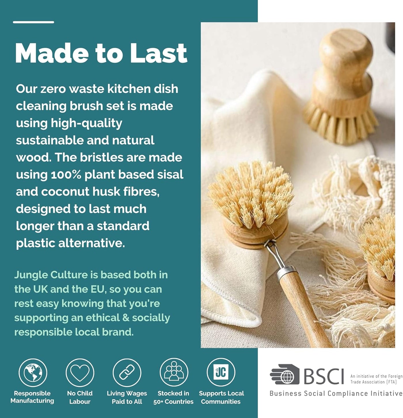 ® 6 Piece Natural Dish Brushes for Washing up • Eco Dish Brush Kitchen Cleaning Set • Plant Based Coconut Scrubbers • Bottle/Pot Brush & Eco Friendly Scourer Sponge for Pans & Dishes