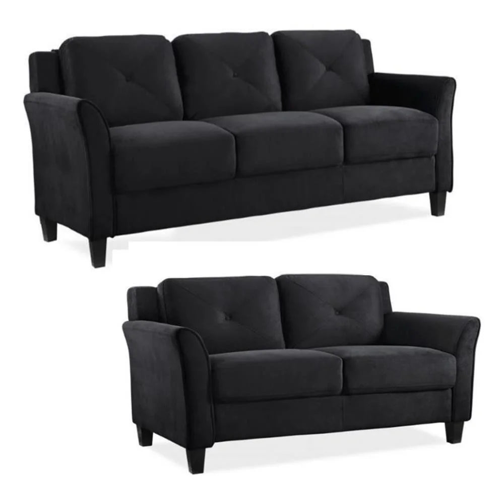 2 Piece Living Room Set with Solid Wood Sofa and Loveseat in Black