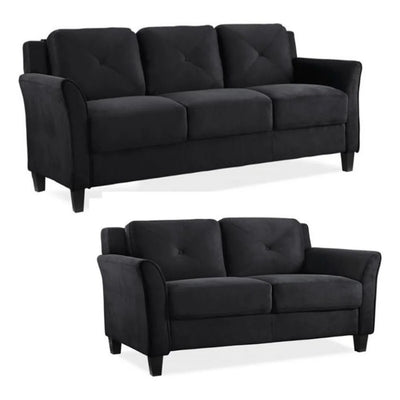 2 Piece Living Room Set with Solid Wood Sofa and Loveseat in Black
