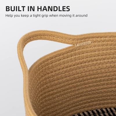 Cotton Rope Laundry Basket, 16.2X14.2 Inch, Woven Basket, Large Basket, Decorative Farmhouse Clothes Storage, Cotton Rope Organizer for Blanket Toys Towels Baby Nursery Hamper Bin with Handle