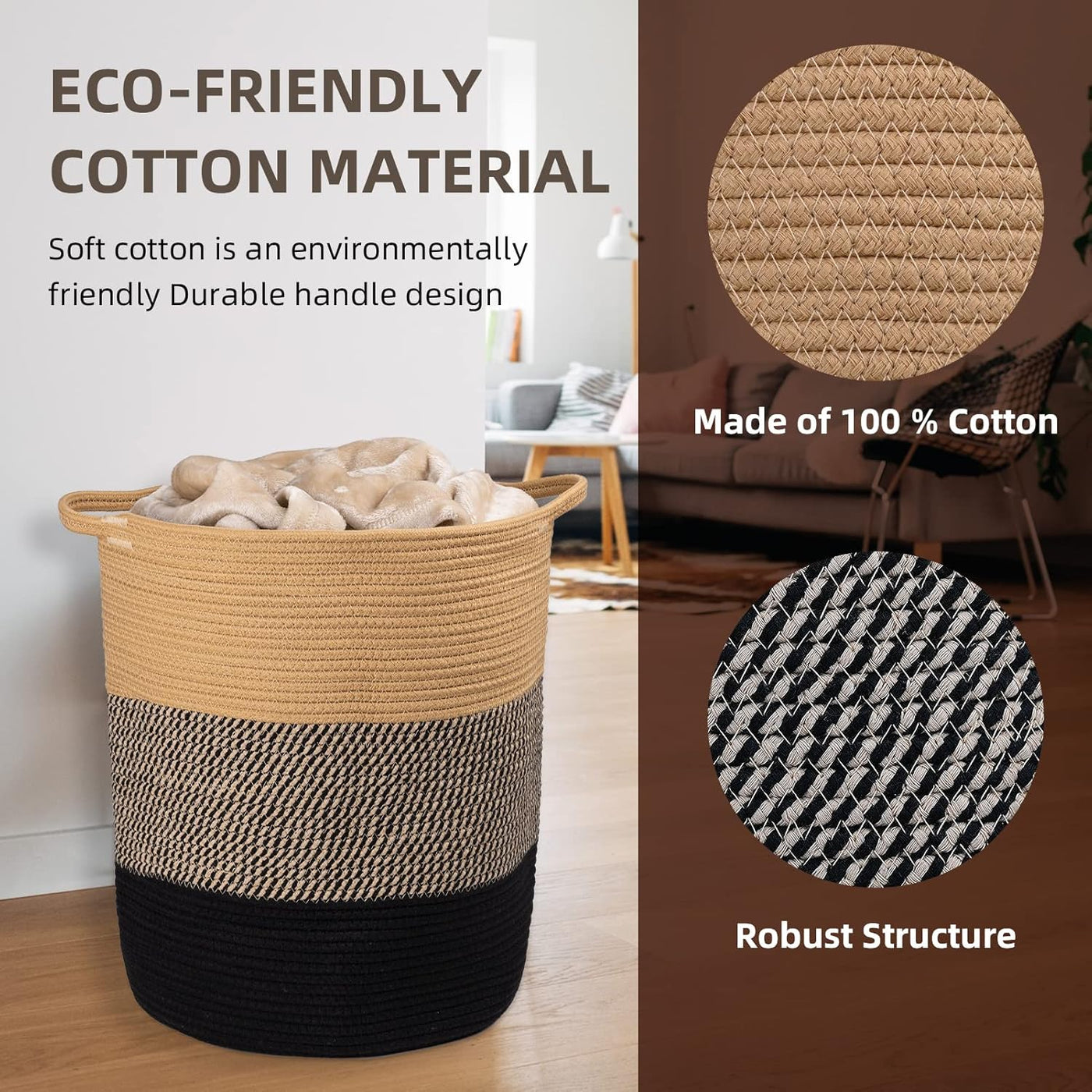 Cotton Rope Laundry Basket, 16.2X14.2 Inch, Woven Basket, Large Basket, Decorative Farmhouse Clothes Storage, Cotton Rope Organizer for Blanket Toys Towels Baby Nursery Hamper Bin with Handle