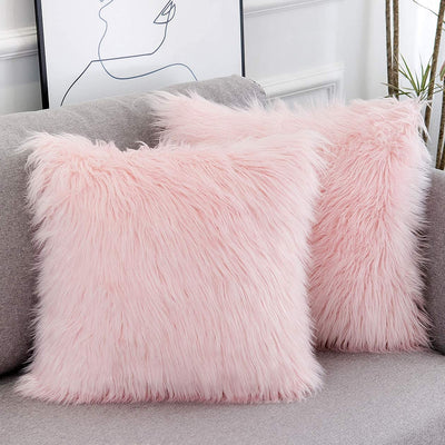 Set of 2 Pink Fluffy Pillow Covers New Luxury Series Merino Style Blush Faux Fur Decorative Throw Pillow Covers Fuzzy Cushion Case 18X18 Inch, Gift for Mom