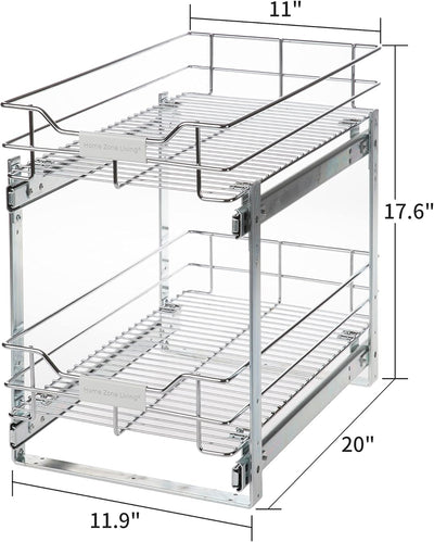 Pull Out Kitchen Cabinet Organizer with Two Tiers of Storage, 11” W X 20” D