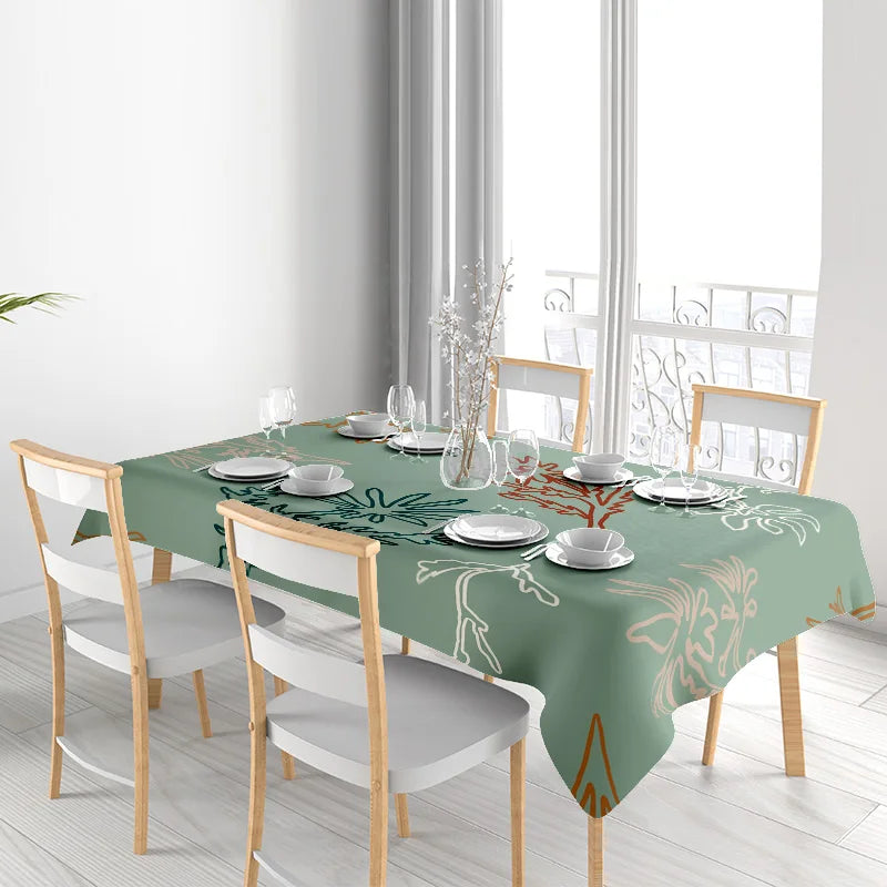 Eco-Friendly Tablecloth Featuring Artistic Floral Design for Dining Tables in Various Sizes Green Leaves Pattern Print on 100% P