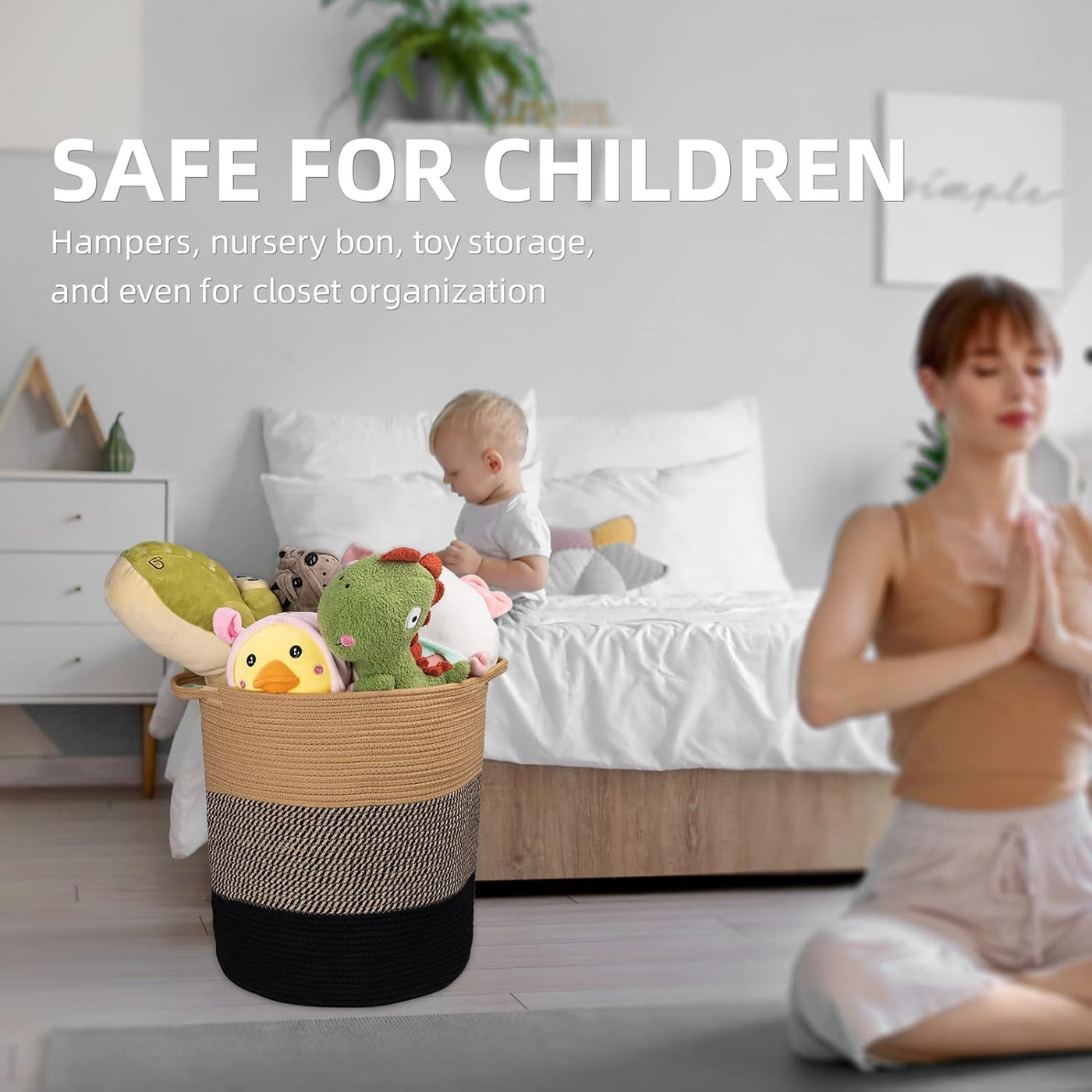Cotton Rope Laundry Basket, 16.2X14.2 Inch, Woven Basket, Large Basket, Decorative Farmhouse Clothes Storage, Cotton Rope Organizer for Blanket Toys Towels Baby Nursery Hamper Bin with Handle