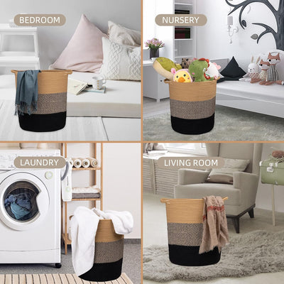 Cotton Rope Laundry Basket, 16.2X14.2 Inch, Woven Basket, Large Basket, Decorative Farmhouse Clothes Storage, Cotton Rope Organizer for Blanket Toys Towels Baby Nursery Hamper Bin with Handle