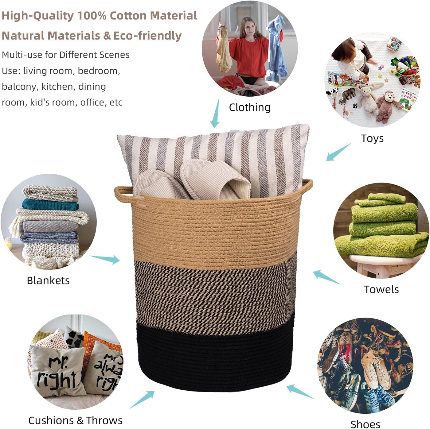 Cotton Rope Laundry Basket, 16.2X14.2 Inch, Woven Basket, Large Basket, Decorative Farmhouse Clothes Storage, Cotton Rope Organizer for Blanket Toys Towels Baby Nursery Hamper Bin with Handle