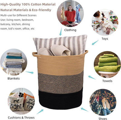 Cotton Rope Laundry Basket, 16.2X14.2 Inch, Woven Basket, Large Basket, Decorative Farmhouse Clothes Storage, Cotton Rope Organizer for Blanket Toys Towels Baby Nursery Hamper Bin with Handle
