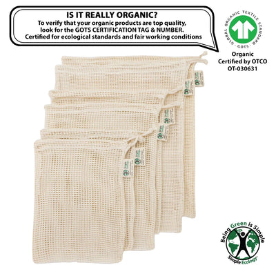 Reusable Eco Bags, Organic Cotton Mesh, Set of 6-Piece, Natural