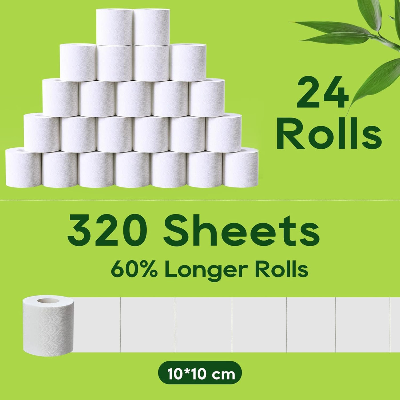 Bamboo Toilet Paper, Septic Safe Toilet Tissue, 24 Double Rolls, 320 Sheets per Roll, Tree Free, Non Toxic, 2 Ply, Soft and Absorbent, Eco Friendly Dye-Free Paper